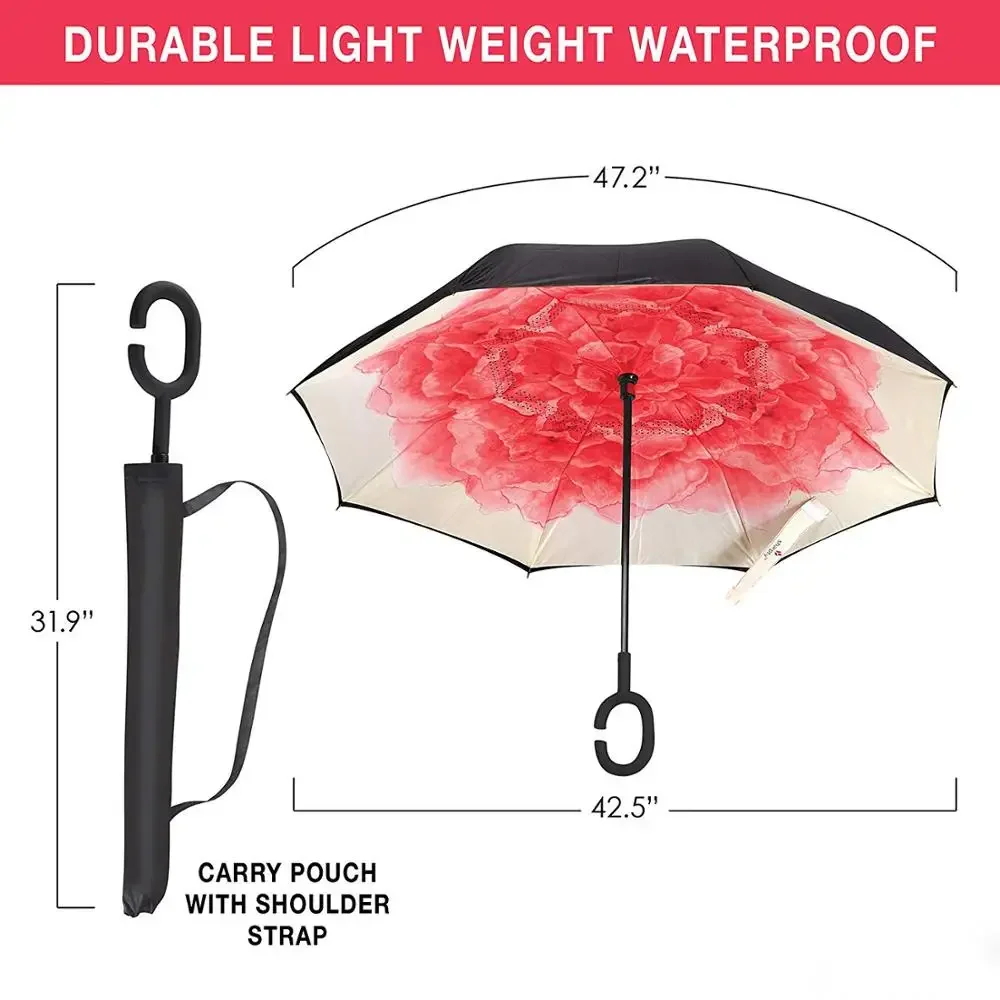 C Handle Windproof Reverse Folding Umbrella Man Women Sun Rain Car Inverted Umbrellas Double Layer Anti UV Self Stand Parapluie