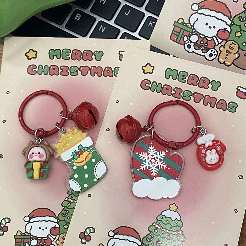 Merry Christmas Keychain Santa Claus Gingerbread Man Keychain Christmas Stockings Gloves Key Ring Bag Pendant Xmas Gifts