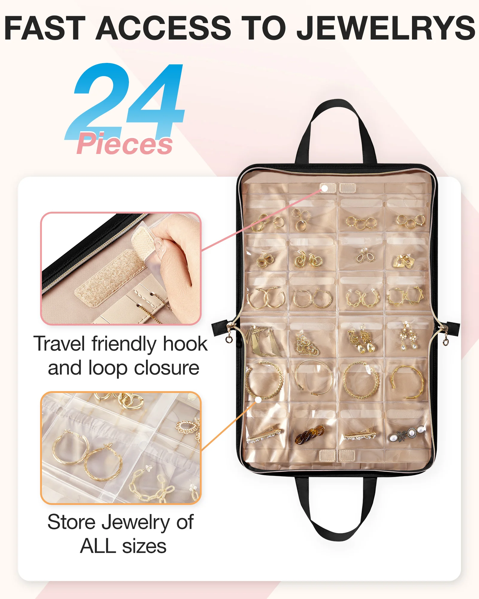 BAGSMART Hanging Travel Jewelry Organizer Zippered Foldable Carrying Case Ring Necklace Earring Studs Holder Jewelry Storage Bag