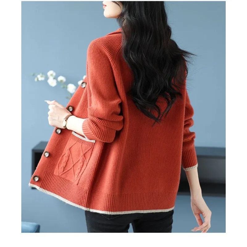 Frauen Neue Gespleißt POLO Kragen Taste Tasche Mode Einfarbig Gestrickte Pullover Lose Top