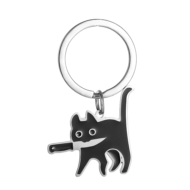 New Cute Cat Keychain Titanium Steel Kpop Funny Black Lighting Cat Key Pendant Backpack Car Key Ring Jewelry Decoration