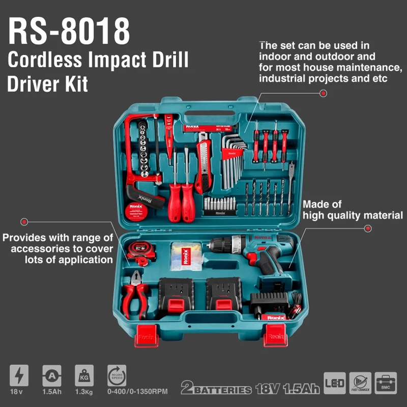 For Ronix RS-8018 Model Rechargeable Cordless Hand Drilling Machine for Home Portable 18V Hammer Drill Set