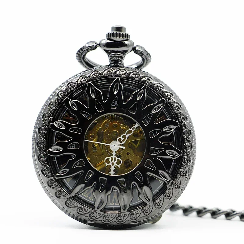 

Steampunk Black Hollow Carving Mechanical Pocket Watch Roman Numerals Display Pin Chain Retro Clock Collectibles reloj hombre