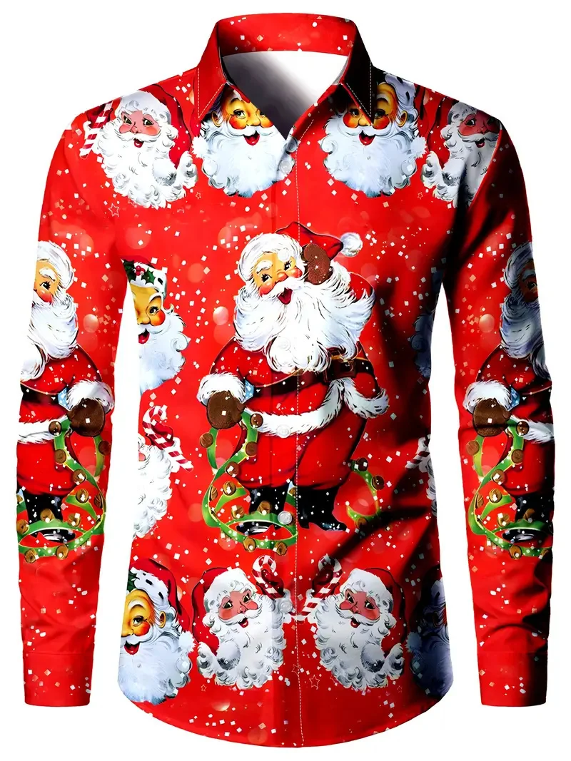 Classic Christmas style shirt printed long sleeved high-end men\'s shirt fashionable daily street Christmas style 2024 full print