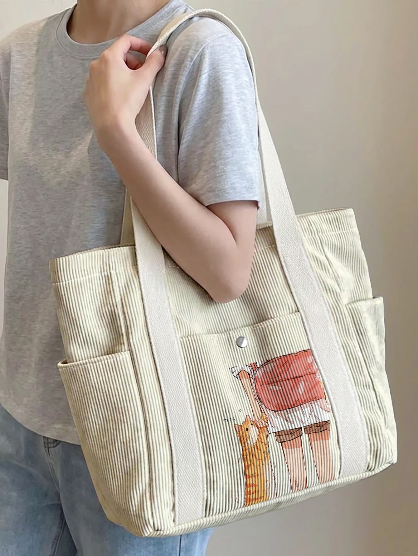 Girl And Orange Cat Print Tote Bag, Large Capacity with side pockets, for shopping, travel, school and daily commuting