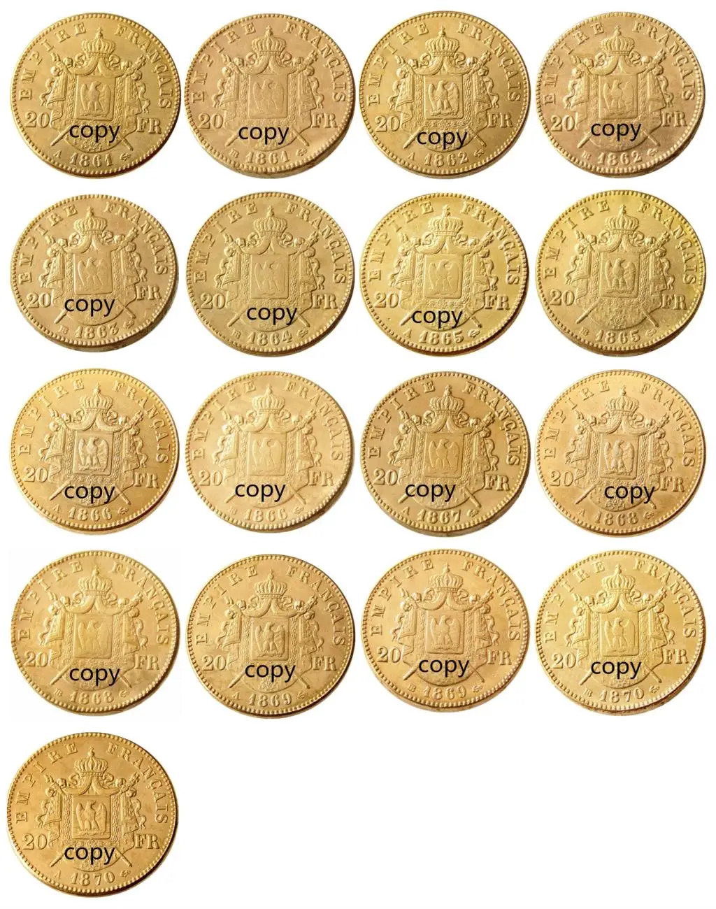 A set of (1861-1870)AB 17PCS France 20 France Gold Plated Copy Decorative Coin