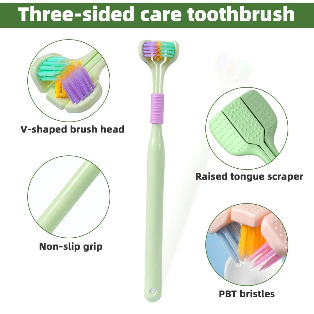 Cepillo de dientes estéreo 3D de tres lados, PBT, pelo suave ultrafino, raspador de lengua, Limpieza Profunda, cuidado bucal