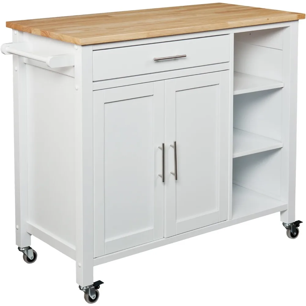 

White Kitchen Cart Island with Fixed Shelves and Cabinet, Wooden Top Finish