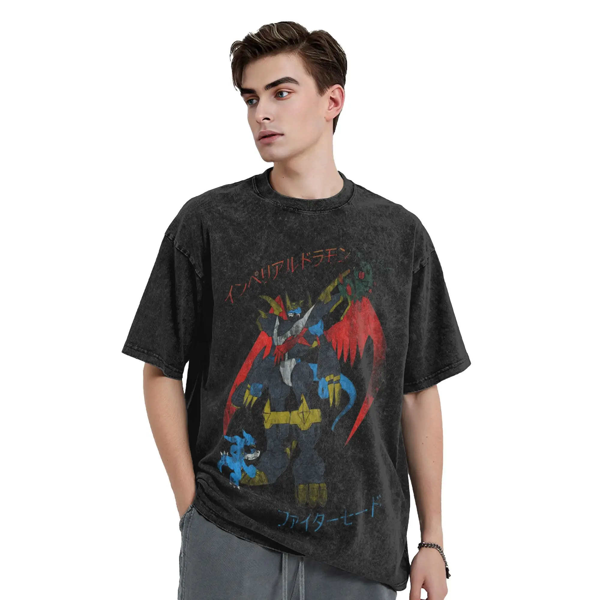インペリアルドラゴンインファイターデジタルモンスターデジモン Tシャツヒップホップウォッシュ半袖原宿 Tシャツ男性女性ストリートウェア