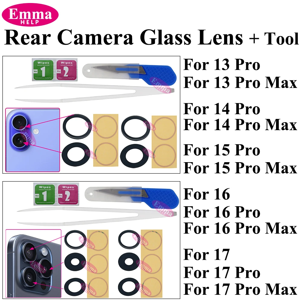 Rückkamera-Objektivglas für iPhone 14 15 16 17 Plus Pro Max 13 MINI mit Klebestreifen und Klebstoff zum Austausch