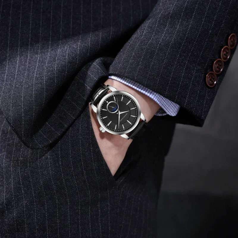 Hannah Martin Quartz Wristwatch 1631 Business Watches for Men Fashion Moon Phase Leather Strap Waterproof Relogios Masculino