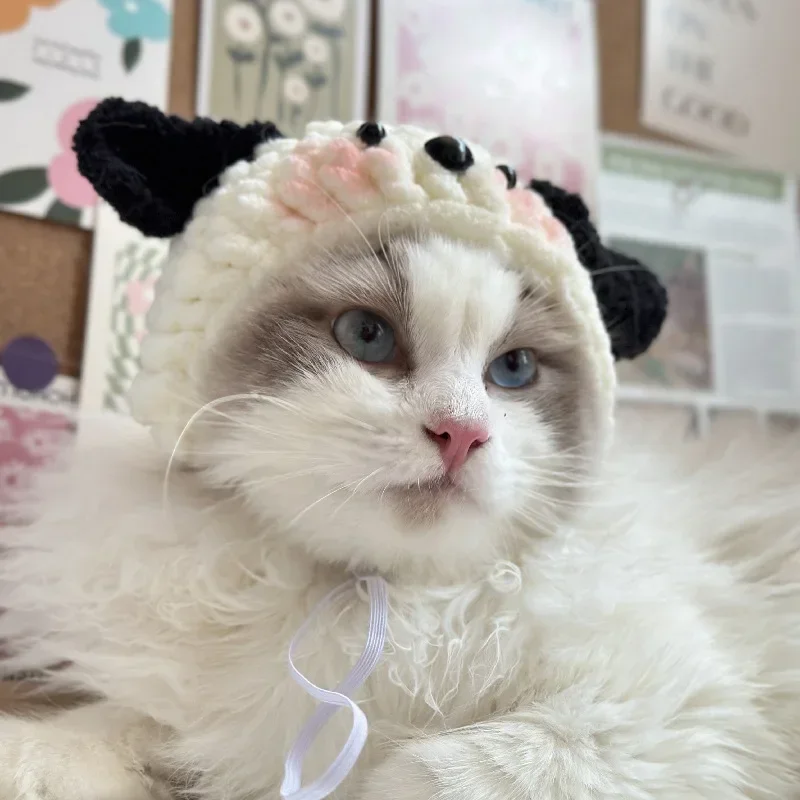 Cartoon Cute Cat Dog Costume Warm Sheep Hat Soft Knitted Plush Hood Headwear For Puppy Rabbit Kitten Small Dogs Small Animals