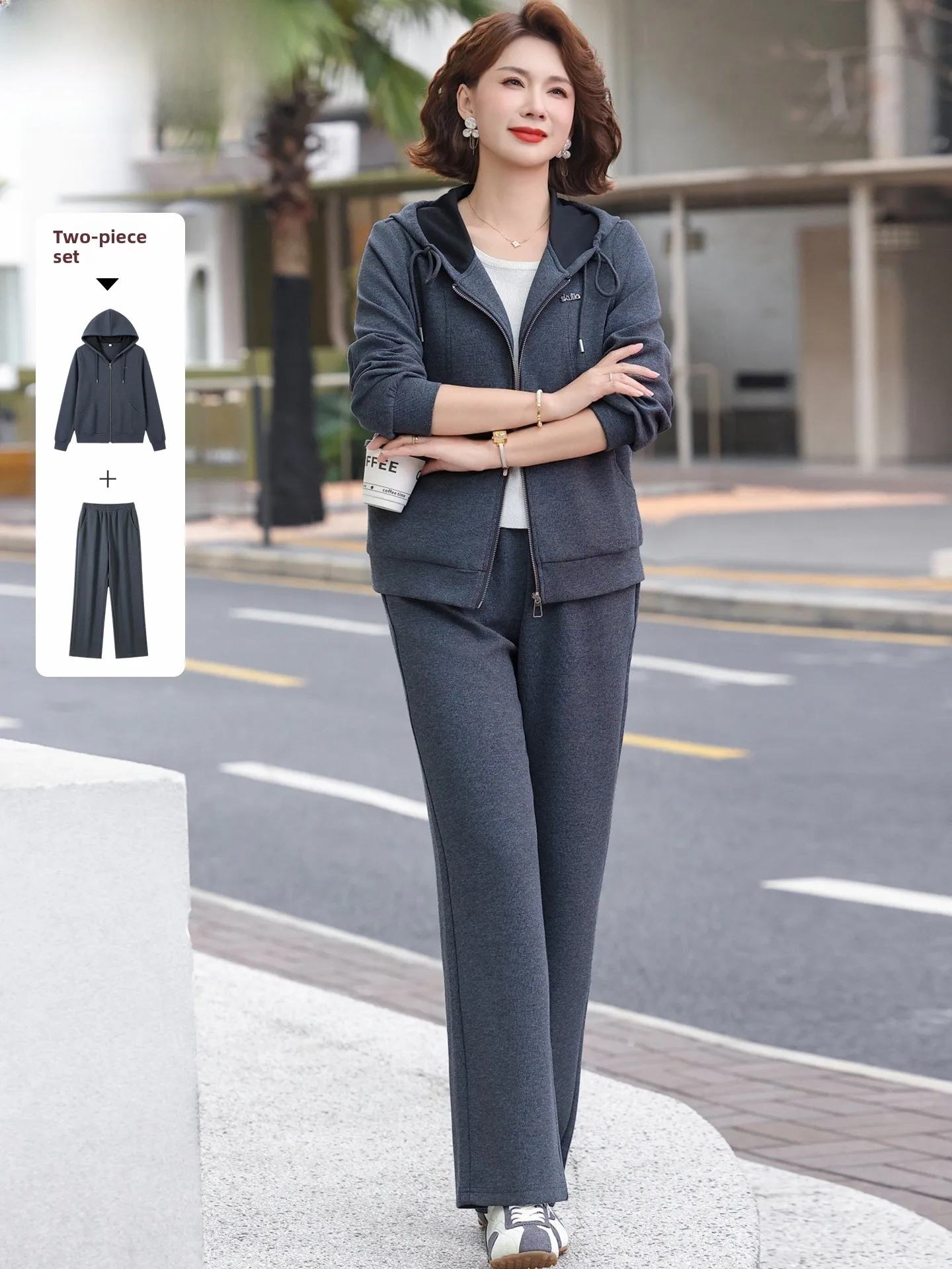 

Весенний спортивный костюм для мам: повседневный комплект из двух предметов (худи и брюки) свободного кроя, большие размеры, женская одежда для среднего возраста