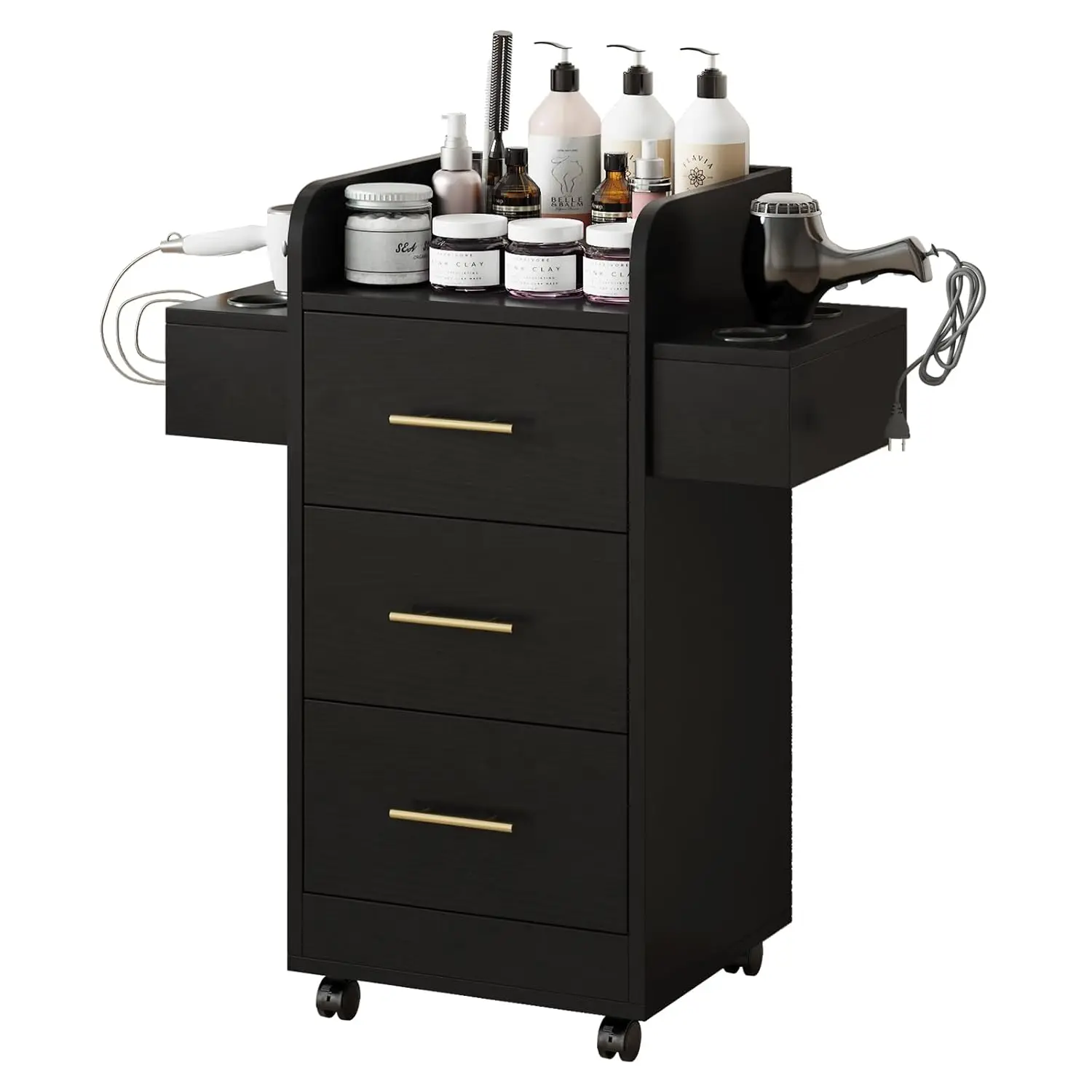 

Beauty Salon Station for Hair Stylist, Salon Station Storage Cabinet with Wheels & Black Gold Handle, Rolling Beauty Station wit