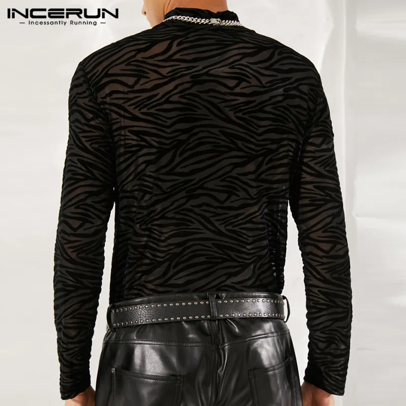 INCERUN Men Mesh T Shirt Turtleneck Long Sleeve See Through Print Casual Sexy Tee Tops 2024 Streetwear Party Nightclub Camisetas