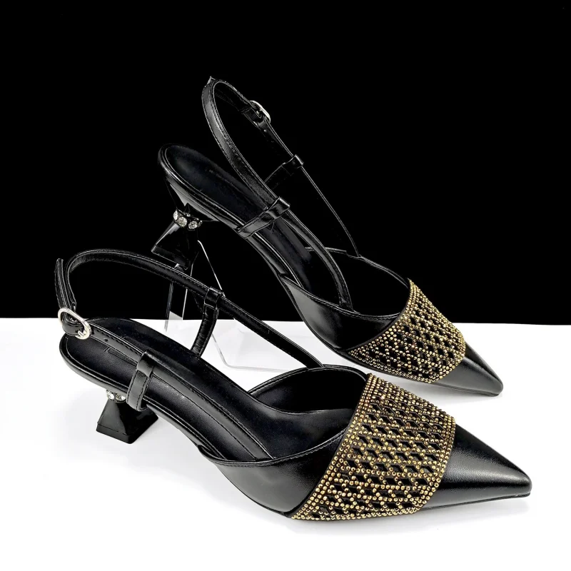 

2025 Summer Rhinestone Sandals Gold Pointed Toe Pumps Comfortable Big Size Women Shoes Elegant Wedding Party Dress Mid Heels
