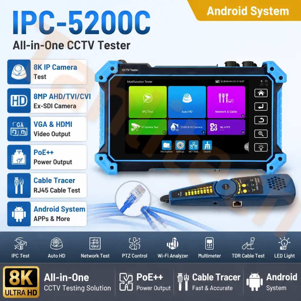 Tahlitech 8K CCTV Camera Tester 8MP AHD CVI TVI CVBS IP Camera HD Display Video Monitor 5 Inch IPS Touch Screen IPC Tester Tool