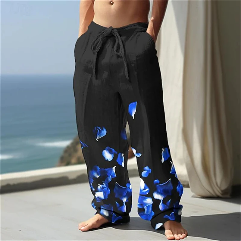 New Fashionable Men's Casual Pants Petal-Print Straight-Leg Pants Men's Loose-Fit Drawstring Pants Men's Beach Pants