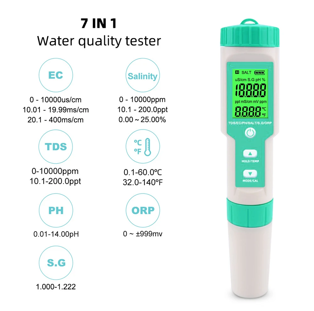 

NOYAFA New C-600 7 in 1 PH Meter TDS EC ORP Salinity SG Temperature Tool With Backlight Digital Water Quality Monitor Tester