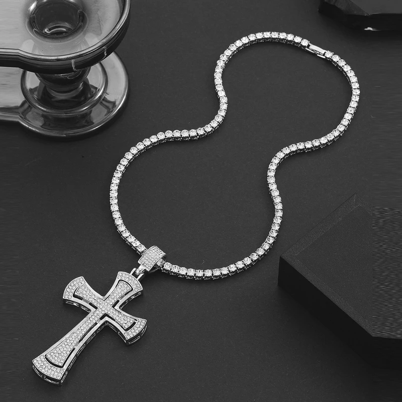 Men Women Hip Hop Large Rhinestone Cross Pendant Necklace With 4mm Tennis Chain Iced Out HipHop Necklaces Jewelry Fashion Gift