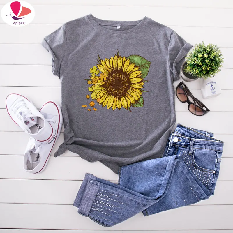 Women's T-shirts Lady Fashion Short Sleeve Clothes Summer Shirt Top Tee O Neck Female Ladies Womens Tee T-Shirt Sunflower Print