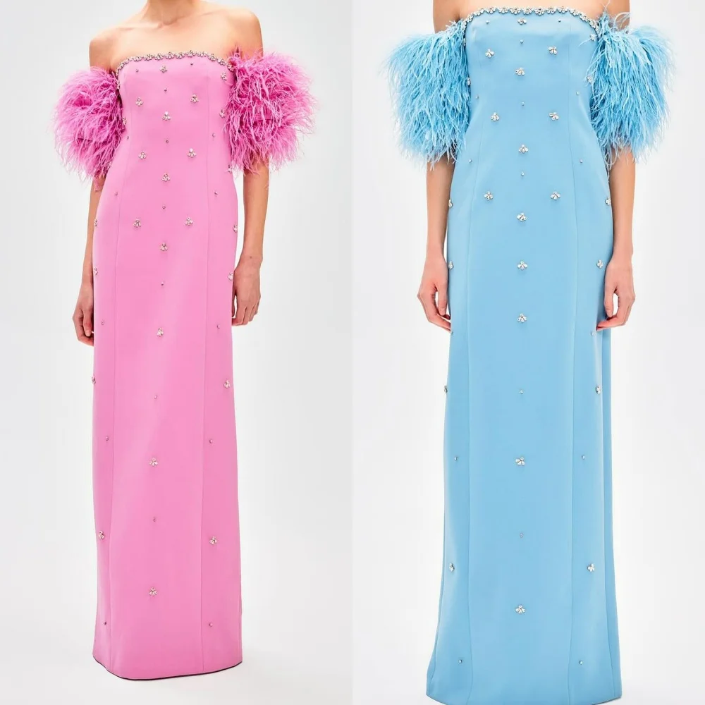 Jersey Sequined Feather Ruched Birthday A-line Off-the-shoulder Bespoke Occasion Gown Long Dresses