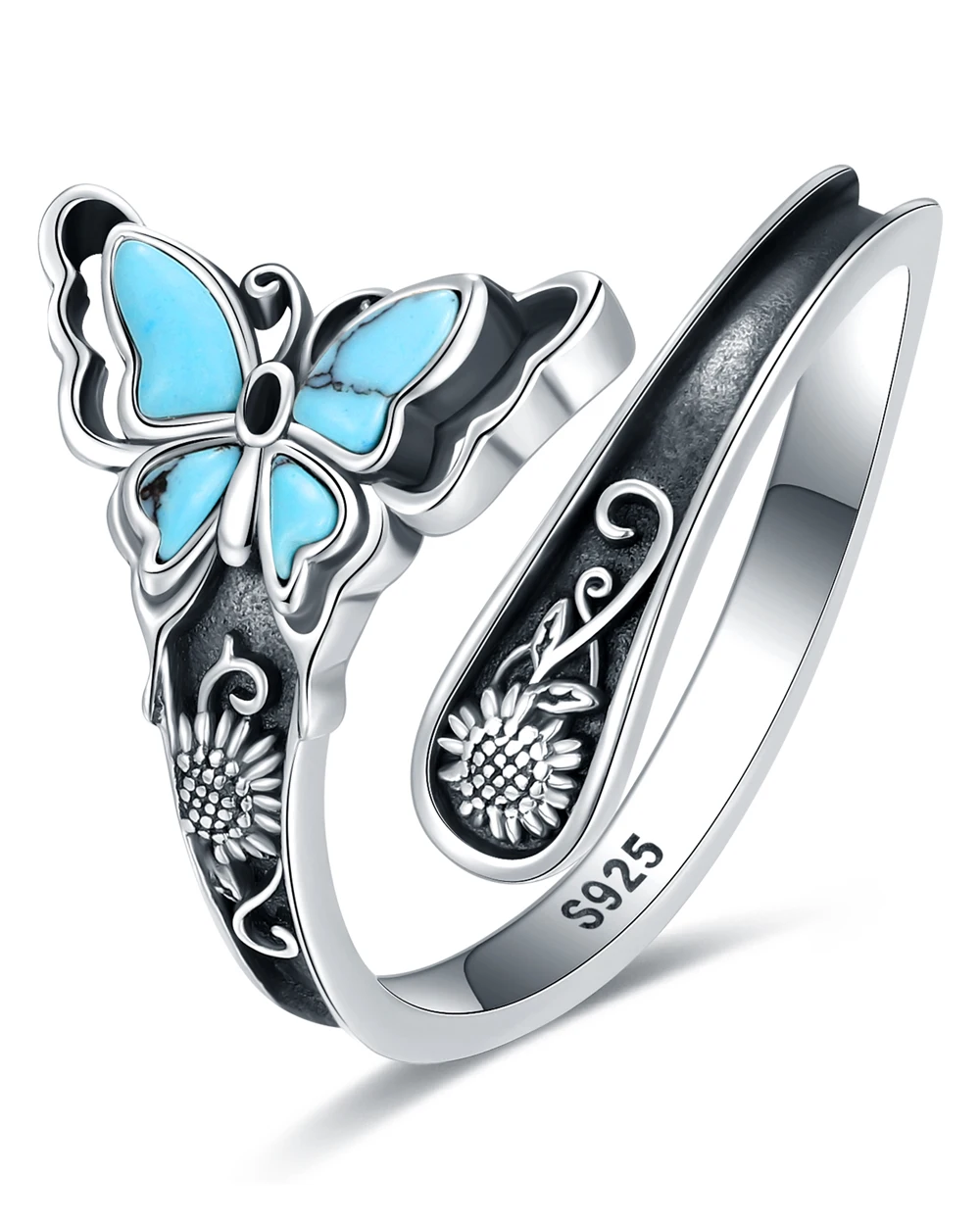 

925 Sterling Silver Vintage Butterfly Turquoise Spoon Adjustable Rings Victorian Style Jewelry Birthday Gift For Women Friends