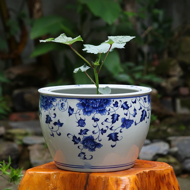12 Inch Ceramic Planter Asian Blue and White Flowers Plant Pot Outdoor Large Vintage Oriental Pottery Planter Porcelain Big Bowl