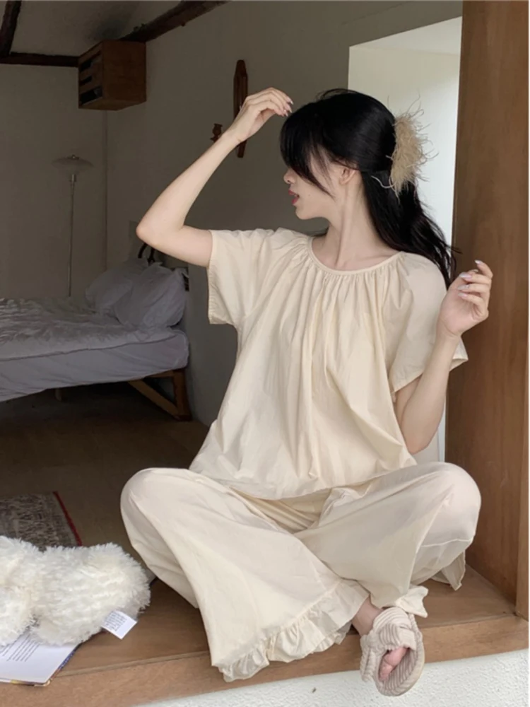 

Comfortable Purple Home Clothes Set Women's Loose Summer Spwear ort Sve Long Pants Sweet Casual Sle Outdoor Wearable