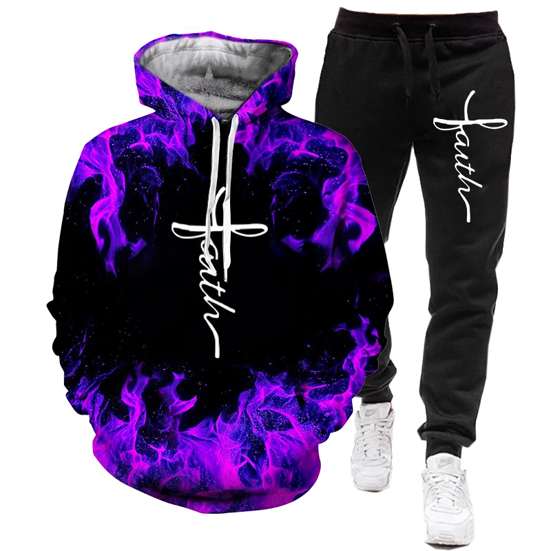 Trendy Faith Printed Men's 3D Hoodie Sweatshirt+Sweatpants Tracksuit Sport Suits Male Fashion 2 Pieces Set Sportswear Streetwear