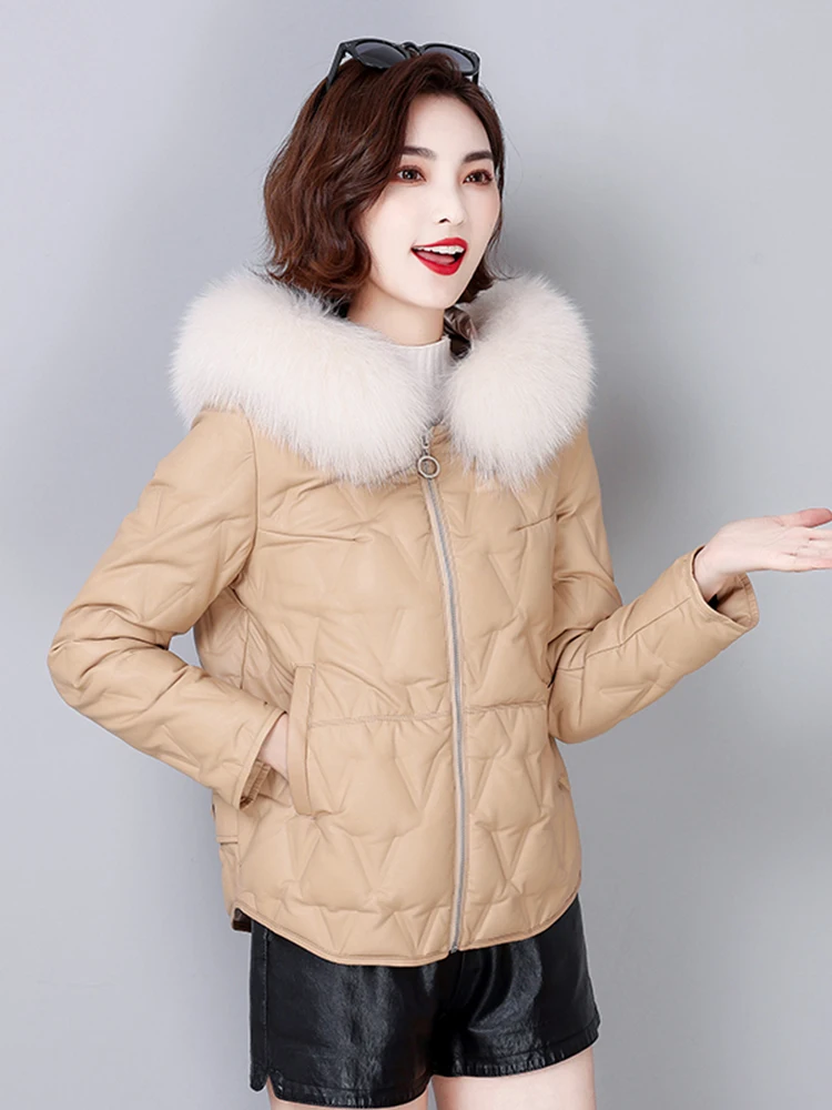   Ning 本革ダウンジャケット レディース ショートスリーブ 2025 冬の新作ファッション 厚手の毛皮の襟付きシープスキンコート