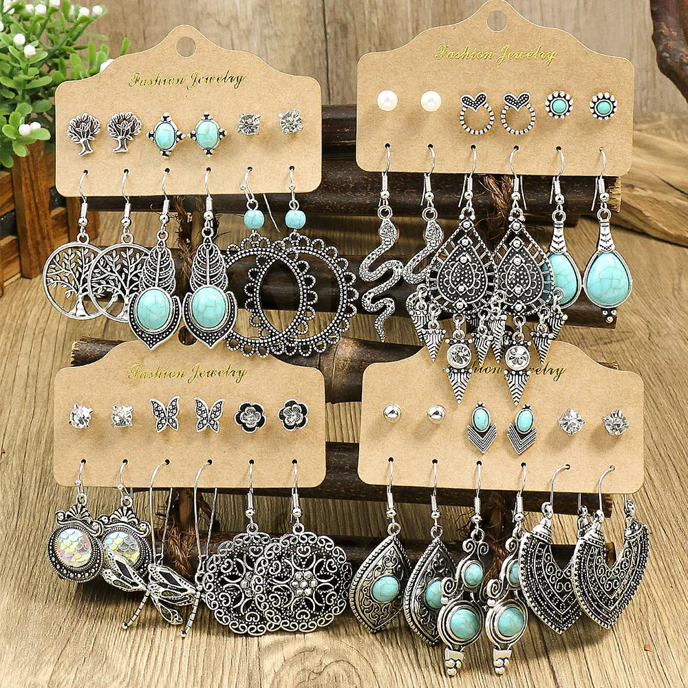 Women's Earrings Snake Pendant Vintage Boho Blue Stone Turquoise Ear Women Wholesale Mixed Ethnic Jewelry Sets Party Gifts