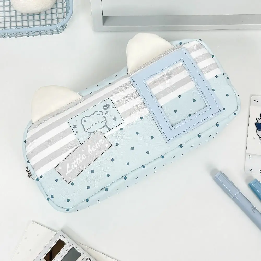 Large Capacity Cat Ear Design Pencil Case Multi-Layer Bear Print Pen Bag with Transparent Window Stationery Organizer Students