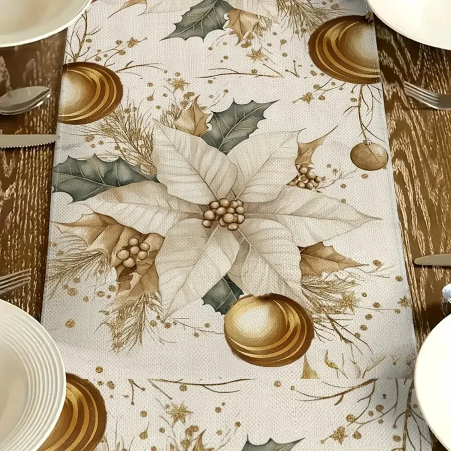 

Luxury Gold Leaf Christmas Table Runner 1 Piece with Gold-Painted Poinsettias Berries And Decorative Ball Base for Festive Dinin