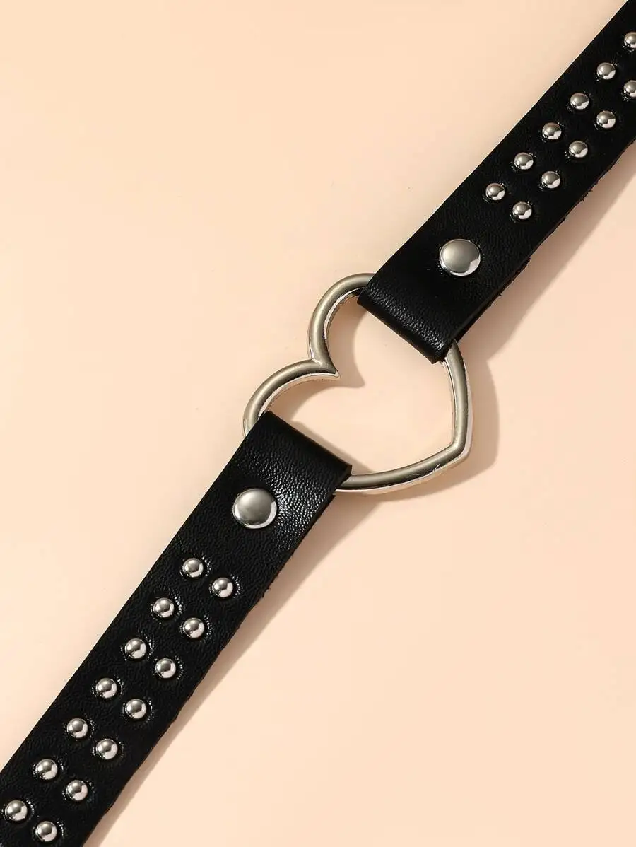 Damen-Gürtel im Punk-Stil, Halskette aus Kunstleder mit metallischem Herzanhänger und Schnalle, als Hip-Hop-Street-Accessoire für Damen. – Detail 3