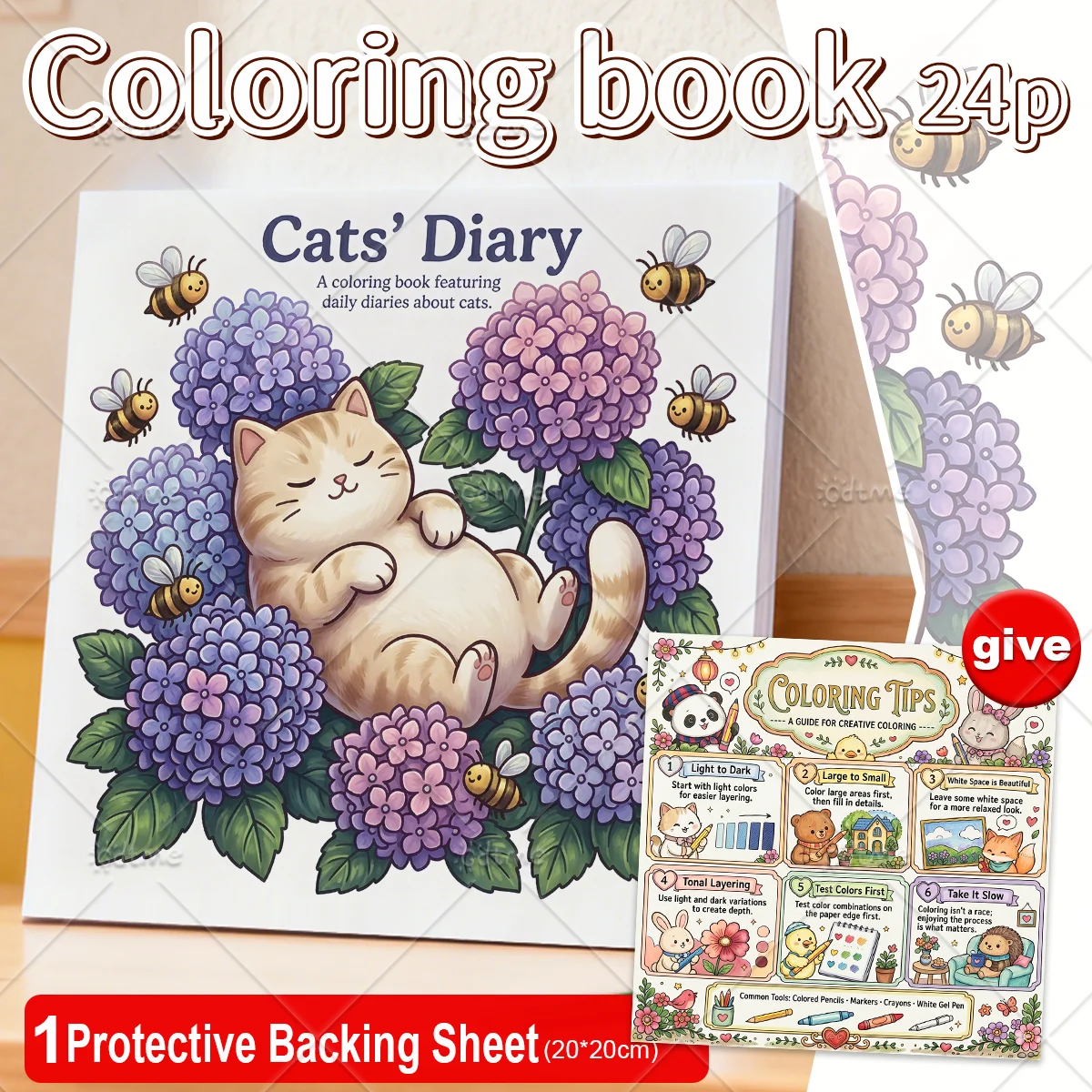 Cats' Diary Coloring Book, Cute Kitten Daily Life Hydrangea Bee Scenes, Stress Relief Relaxing Art Drawing Book for Adults