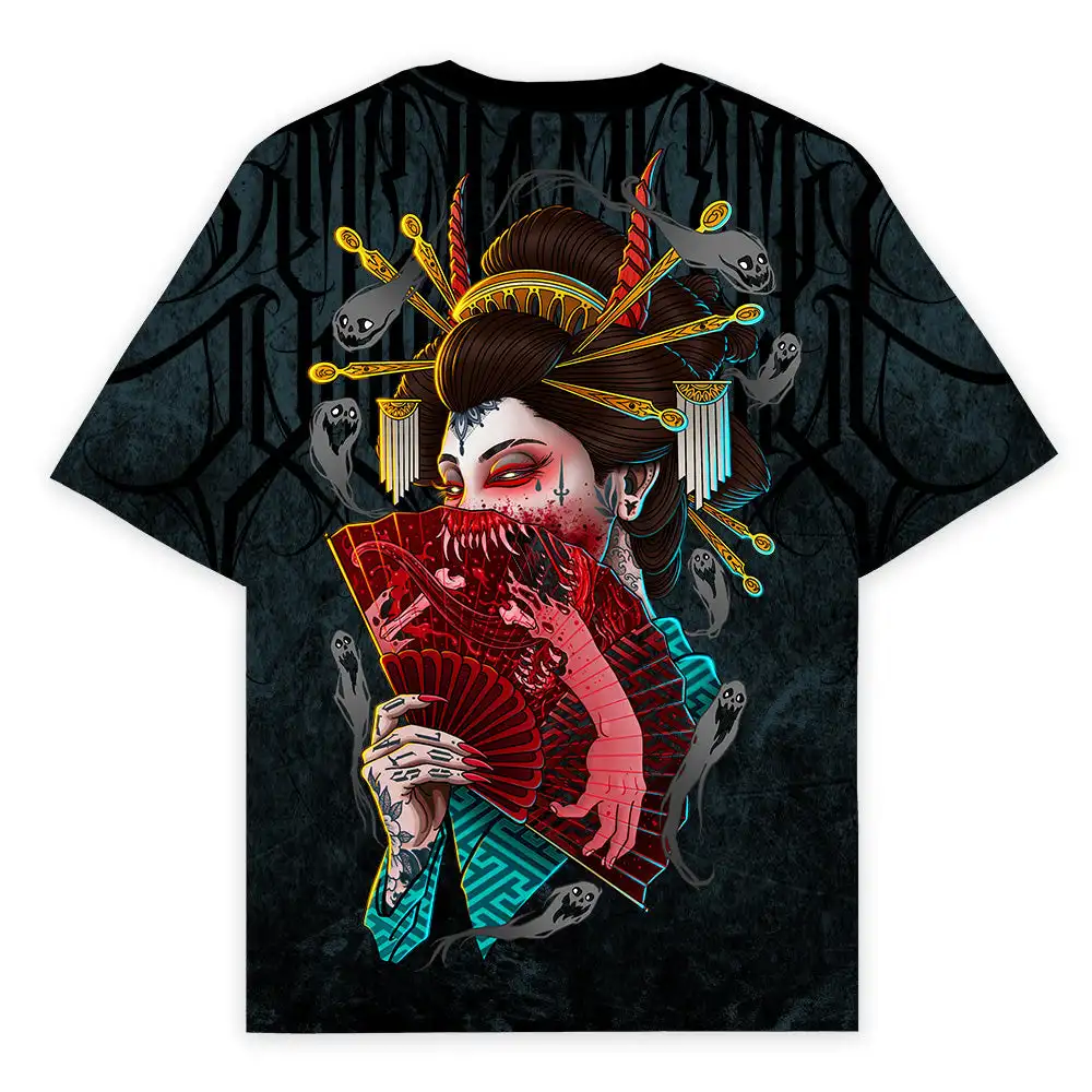 Japanese Demon Geisha Ghost Fan Large Back Print Crewneck Textured Loose Short Sleeve T-Shirt Y2K Streetwear Unisex Casual Tee