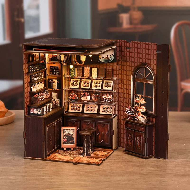Diy livro nook kits de modelo em miniatura de madeira doce capítulo sobremesa loja estante 3d puzzle estante para amigos presentes aniversário