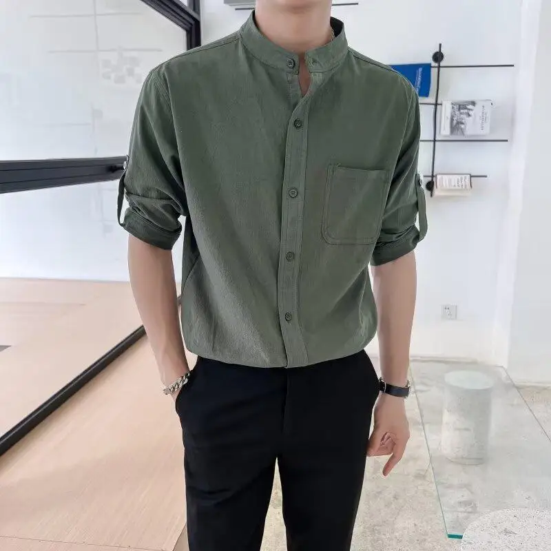 High-end Wrinkle Wave Free Ironing Fabric Thin Stand Collar Shirt Men's Short-sleeved Round Neck Shirt White 2025