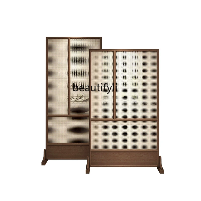 

Solid Wood Rattan Subareas Screens Living Room Simple Homestay Hotel Chinese Combination Movable Seat Screen