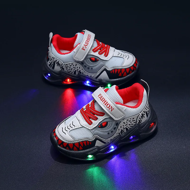 2024 Boys New Cartoon Sneakers Children Baby Autumn LED Luminous Sports Shoes Kids Shark Casual Light Up Shoes Size 22-31