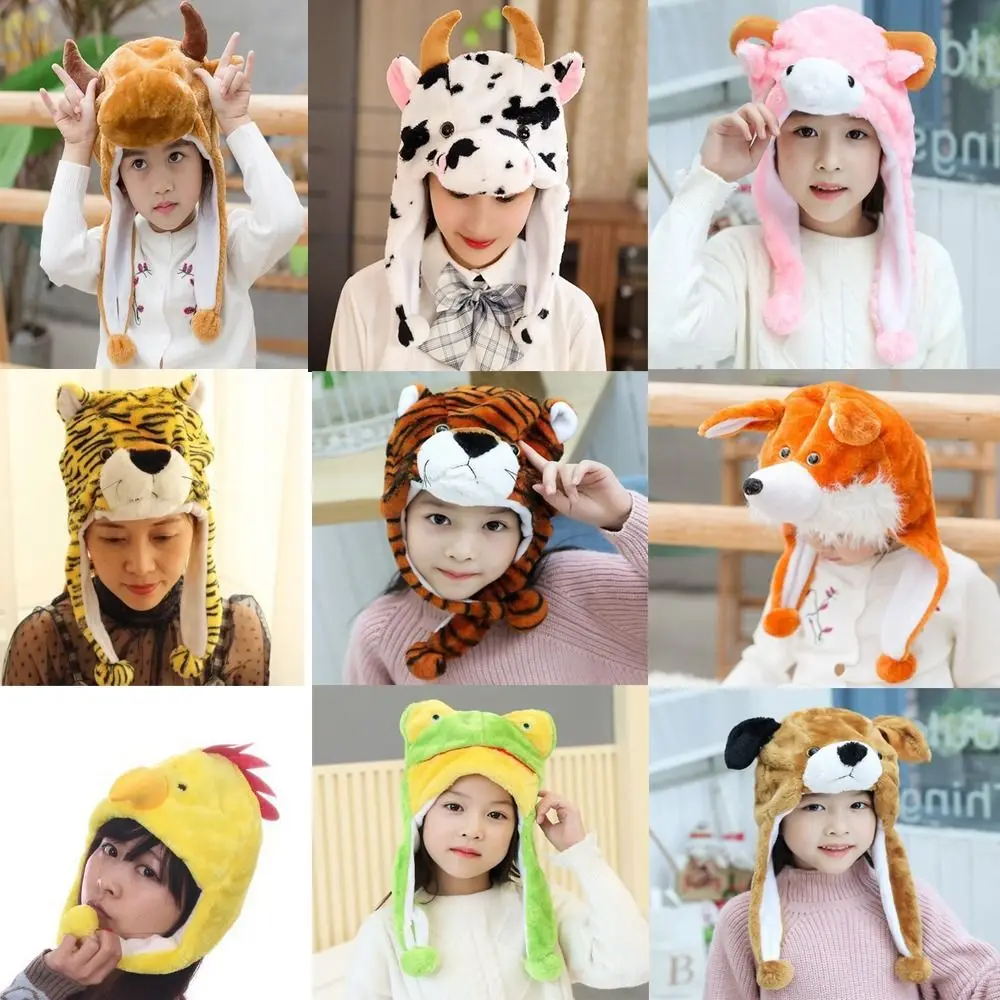 Cartoon Plush Moving Hat Neck Warmer Animal Animal Earflap Hat Ear Protection Trapper Hat Movable Ears Airbag Cap Winter