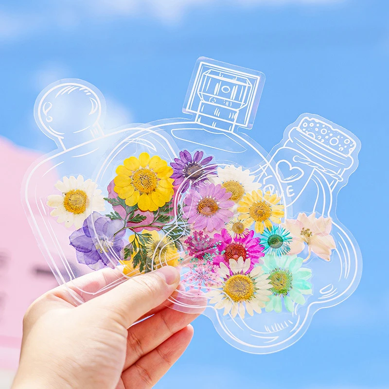 Creative Transparent Bottle Embossed Sticker Bookmark Clip And Paste Herbarium Sticker Pack For Students Dry Flower Bookmark