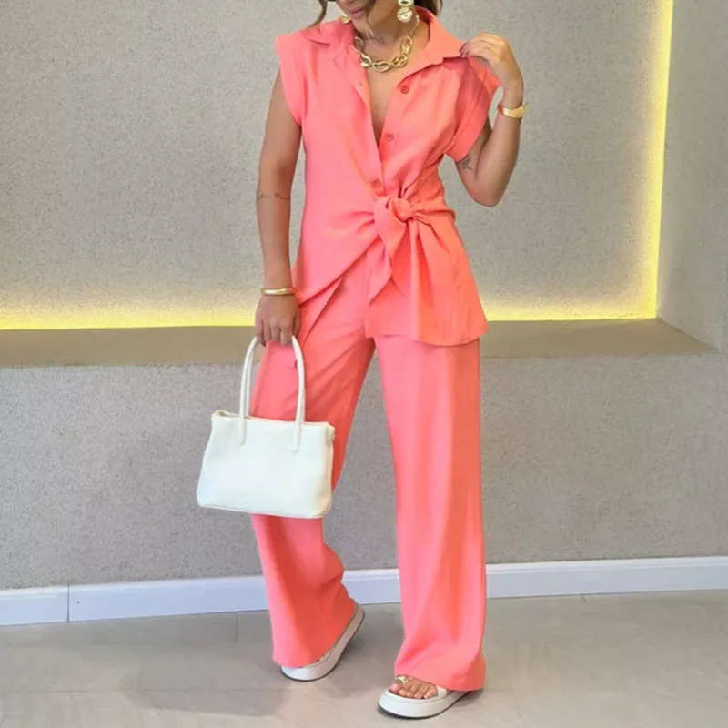 

Women New Single Breasted Sleeveless Shirts&Wide Leg Pants Sets Fashion Loose Outfit Simple Solid Color High Street 2 Piece Sets
