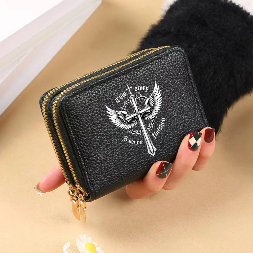 Ladies' PU Leather Short Wallet with Cross Wing Pattern Double Zipper Coin Pocket, New Fashionable Ladies' Style