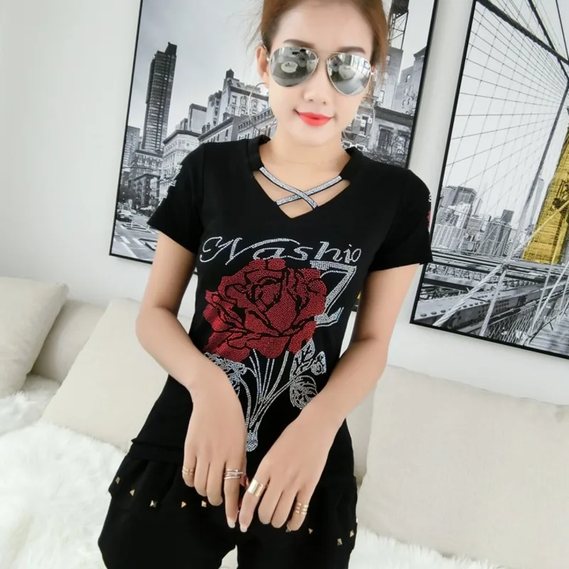 #5109 Black Streetwear Tshirt Women V-neck Flower Diamonds Sexy Hollow Out Short Sleeve T Shirt Femme Summer Basic Womens Tshirt