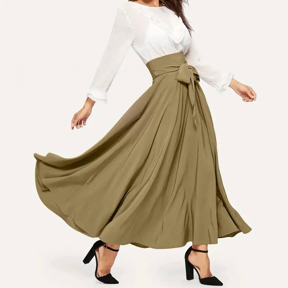 

High Waist Women Skirt Elegant Lace-up Maxi Skirt for Women High Waist A-line Pleated Ankle Length Solid Color Swing for Ol