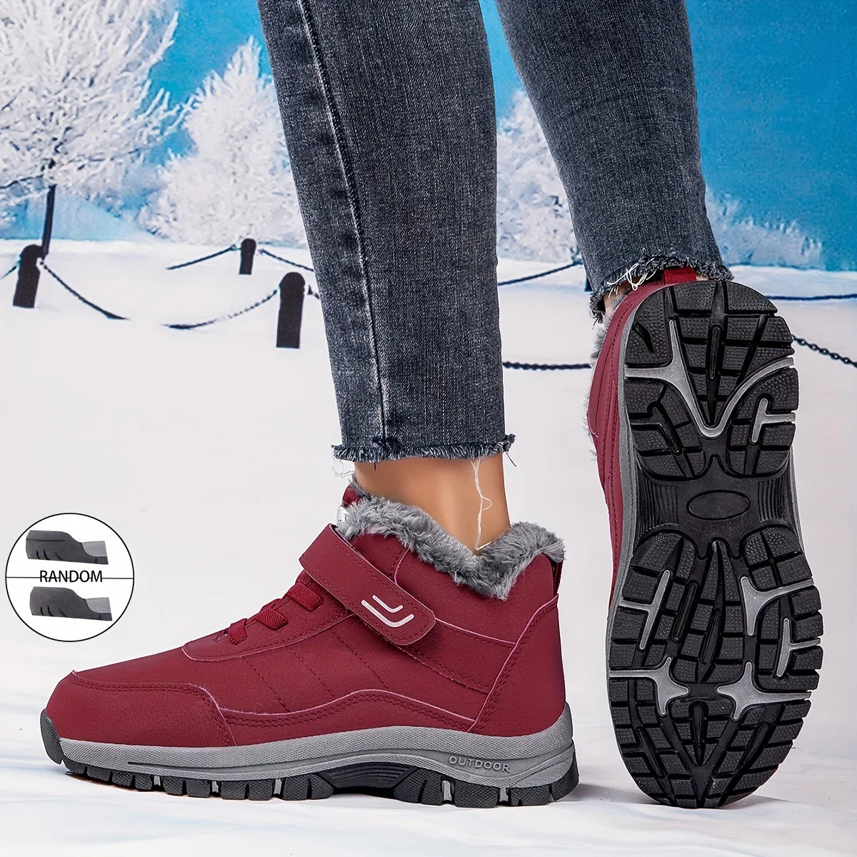Damen-Knöchel-Winterstiefel aus PU, wasserabweisend, mit Plüschfutter, Klettverschluss, rutschfeste flache Sohle, warme Outdoor-Freizeitstiefel. – Detail 5