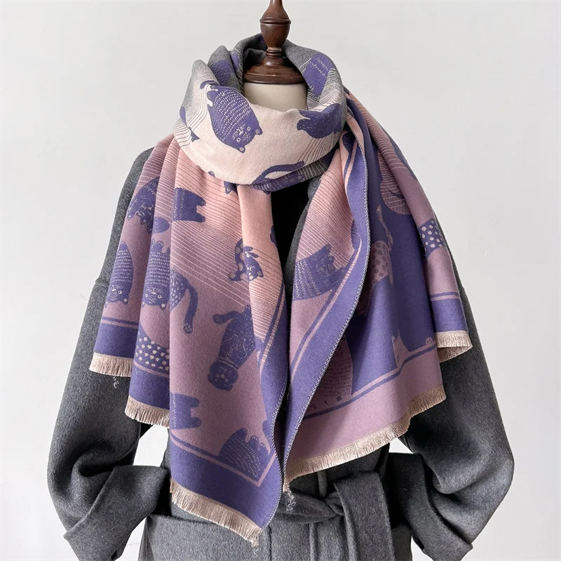 Women Winter Cashmere Scarf 2024 Cat Pashmina Luxury Brand Shawls and Wraps Bufanda Hijab Travel Stoles Echarpe Warm Blanket