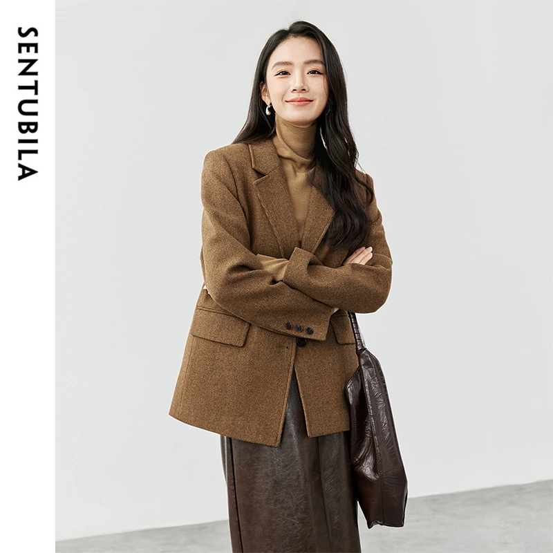 SENTUBILA Women Thick Wool Blazer Jacket 2024 Winter Solid Single Breasted Office Lady Work Business Tailoring Coat 144X56897